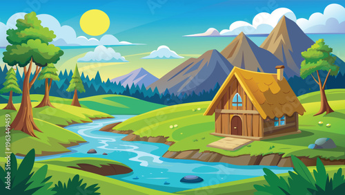 A serene landscape featuring a quaint rustic cottage nestled beside a flowing river and mountains