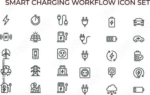 Smart charging workflow outline icon set with EV energy monitoring infrastructure symbols for apps dashboards interfaces presentations smart mobility platforms