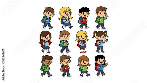 Backpack Kids: A lively ensemble of diverse children cheerfully journeying with backpacks, ready to embrace the day and its myriad of educational opportunities.