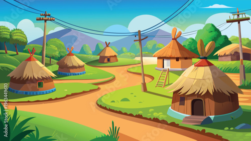 A peaceful rural village scene featuring traditional huts nestled in a lush green countryside area