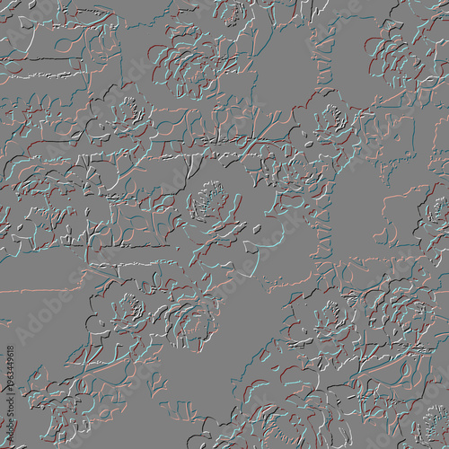 3d embossed floral roses flowers seamless pattern. Textured white gray emboss vector background with relief line art rose flowers, leaves, berries. Beautiful surface endless texture with 3d effect.