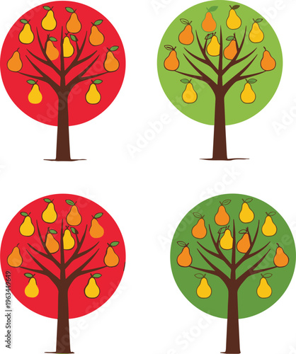 Stylized fruit trees with red and green canopies bearing pears, nature illustration symbolizing orchard, harvest, agriculture, seasonal growth, and decorative artwork design projects