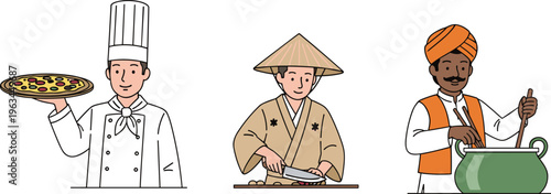 Cartoon chefs representing Italian, East Asian, and South Asian cuisine, cultural diversity illustration symbolizing cooking traditions, culinary arts, world food, and international gastronomy artwork