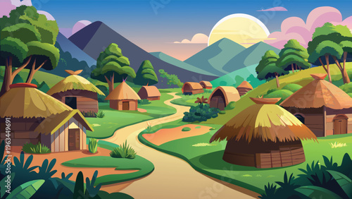 A serene landscape illustration showcasing a small traditional village with thatched huts in sun