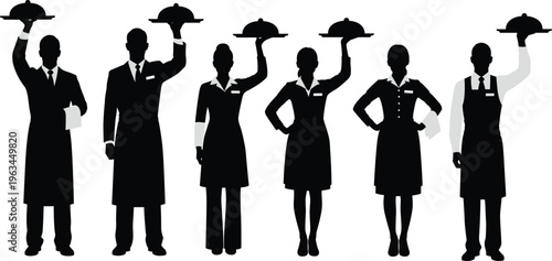 Professional waiter and waitress silhouettes holding serving trays with domed food covers, hospitality staff illustration symbolizing restaurant service, teamwork, catering, 