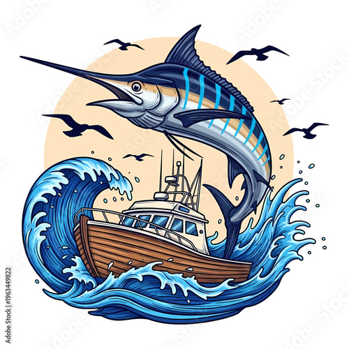 illustration of a leaping striped marlin over a fishing boat with sea waves and seagulls.