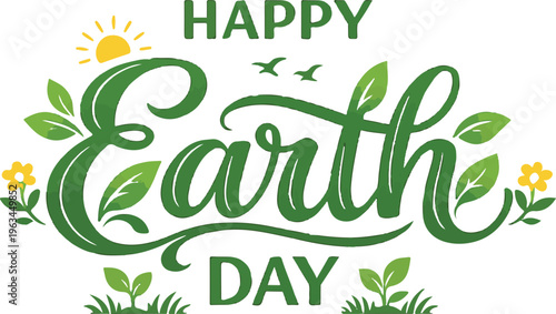Happy earth day logo with green text and floral elements