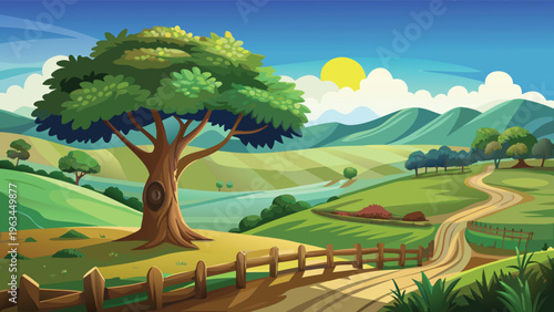 A serene landscape featuring a majestic tree overlooking a peaceful valley during a sunny day
