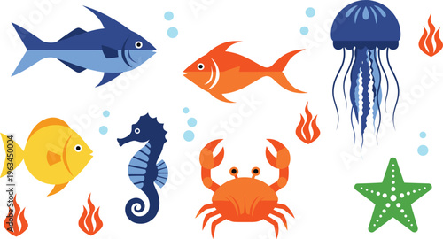 Colorful underwater illustration featuring fish, seahorse, crab, jellyfish, starfish, bubbles, and coral, vibrant marine life artwork perfect for ocean themes, children’s design, and creative projects