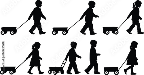 Silhouettes of children walking and pulling toy wagons, playful childhood activity illustration symbolizing innocence, motion, family lifestyle, outdoor fun, and nostalgic creative artwork design