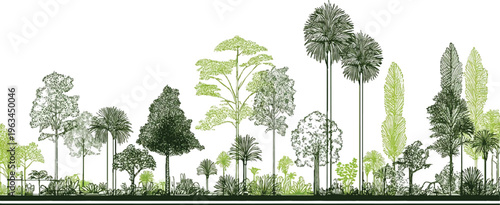 Diverse collection of stylized green trees and foliage in a horizontal panorama nature forest