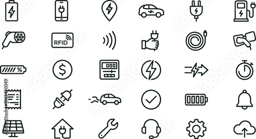 EV charging workflow outline icon set with electric vehicle energy monitoring symbols for apps dashboards interfaces presentations smart mobility platforms
