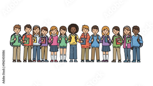 Backpack-Clutching Pupils: An endearing illustration showcases a vibrant line of students, each clutching books and backpacks, ready to embark on a day of learning.