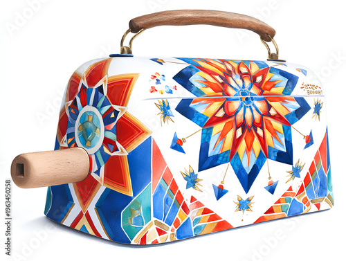 Cowbell painted in vibrant motifs, echoing soft neural pulses