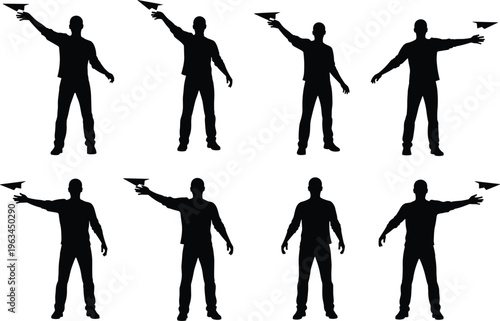 Silhouettes of people holding and throwing paper airplanes, sequential motion illustration symbolizing creativity, play, progress, innovation, and dynamic activity artwork for design projects