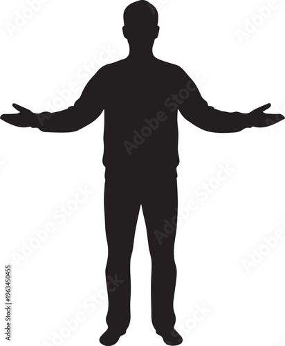 Black silhouette of a man with arms outstretched isolated on white background