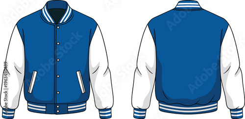 Front and back view of a blue and white varsity letterman jacket technical fashion sketch vector illustration for apparel design mockup and clothing tech pack template with buttons.