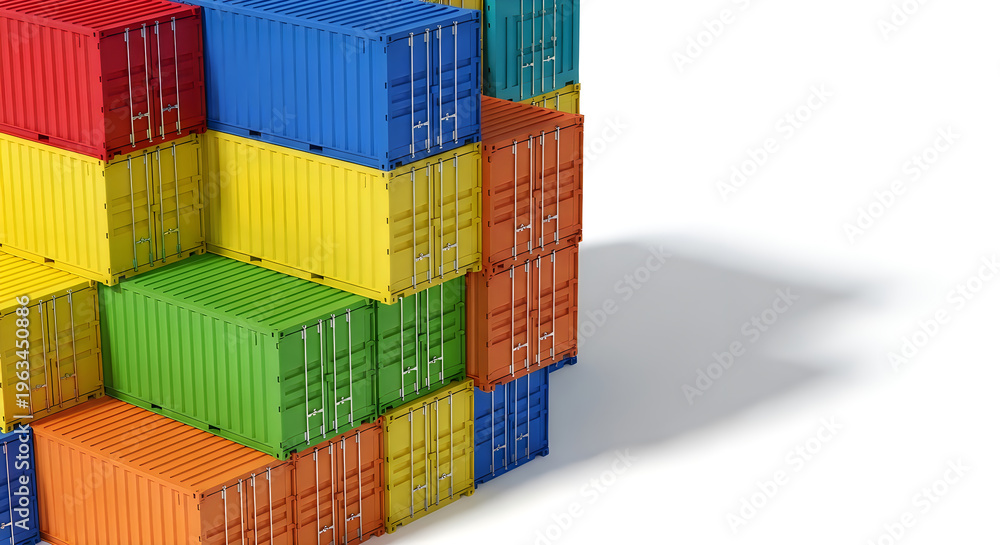 Fototapeta premium Colorful shipping containers stacked in rows and piles on white background.