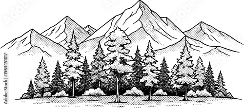 Black and white vintage style mountain range with pine forest landscape tree nature
