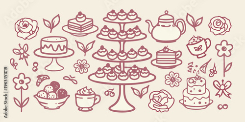 A charming collection of hand drawn desserts tea and floral elements