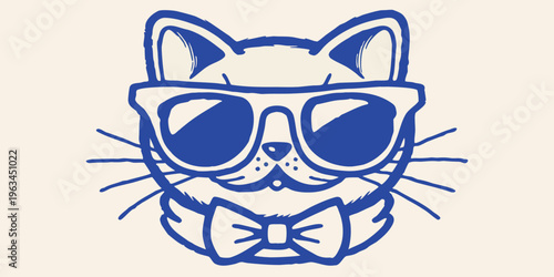 Cool cat illustration wearing sunglasses and a bow tie