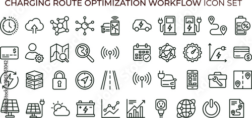 Charging route optimization workflow outline icon set with EV navigation energy infrastructure analytics symbols for apps dashboards interfaces presentations platforms