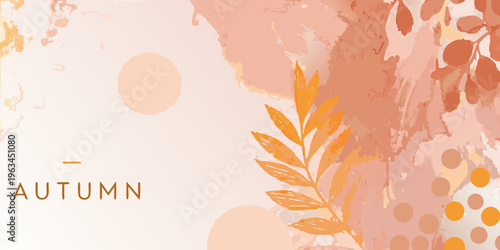 Abstract autumn background with watercolor brushstrokes and leaf details