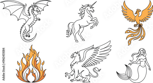 Mythical creatures collection with dragon unicorn phoenix griffin mermaid and fire fantasy line art vector illustration set