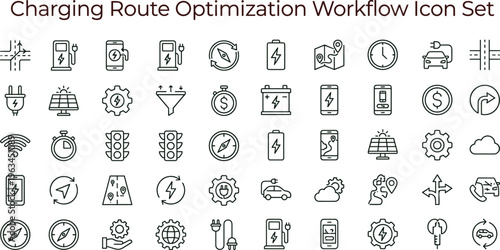 Charging route optimization workflow outline icon set with EV navigation energy analytics symbols for apps dashboards interfaces presentations smart mobility platforms