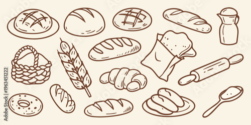 Hand drawn illustration of various breads pastries and baking tools