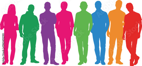 Flat vector illustration of diverse colorful human silhouettes standing together, representing unity, individuality, diversity, teamwork, community, social harmony