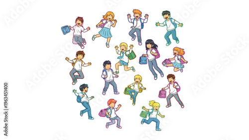 School Kids Joyful Rush: A vibrant group of excited school children, their faces alight with anticipation, hurries towards a day filled with learning and exploration.