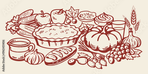 A bountiful harvest arrangement of fruits vegetables and baked goods