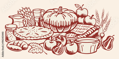 Autumn harvest still life featuring pumpkins wheat and various fruits