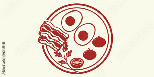 Red illustration of a breakfast plate with eggs bacon and tomatoes
