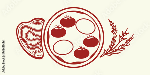 A stylized illustration of breakfast items bacon eggs and tomatoes