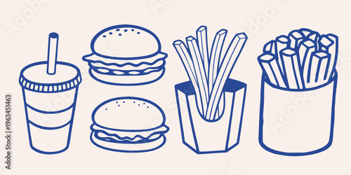 Simple line drawing of a burger fries and a drink in blue