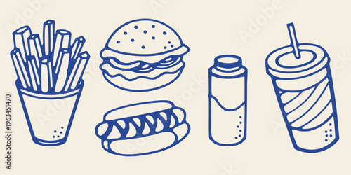A playful blue line drawing of fast food favorites burger fries and soda