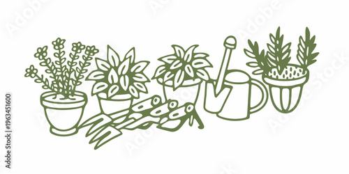 A collection of potted plants and gardening tools in green line art