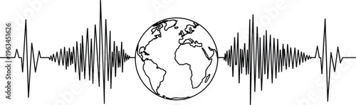 Conceptual line art illustration of earth globe with seismic wave heartbeat symbol representing global earthquake monitoring, world pulse, and environmental activity.