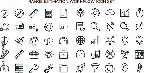 Range estimation workflow outline icon set with analytics planning measurement tracking symbols for apps dashboards interfaces presentations management platforms
