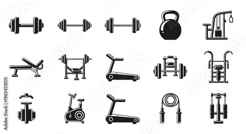 Black icons of various gym equipment for fitness and workout routines