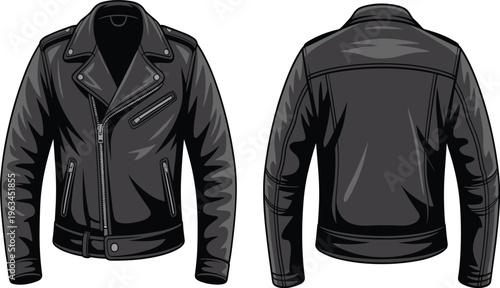 Front and back view of a black leather biker jacket technical fashion sketch vector illustration for apparel design mockup and clothing tech pack template with zipper.