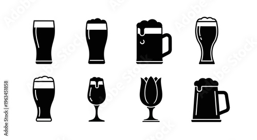 Collection of beer glasses and mugs in modern silhouette style