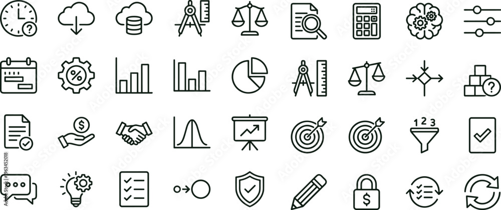 Naklejka premium Business analytics workflow outline icon set with strategy planning finance reporting symbols for apps dashboards interfaces presentations management platforms