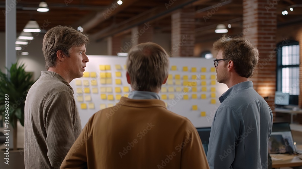 Obraz premium Startup team conducts sprint retrospective with sticky notes covering exposed brick walls in converted factory loft, natural light flooding industrial space, perfect for agile methodology, team