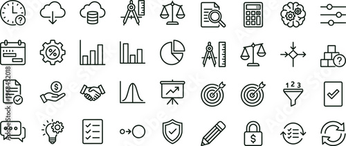 Business analytics workflow outline icon set with strategy planning finance reporting symbols for apps dashboards interfaces presentations management platforms