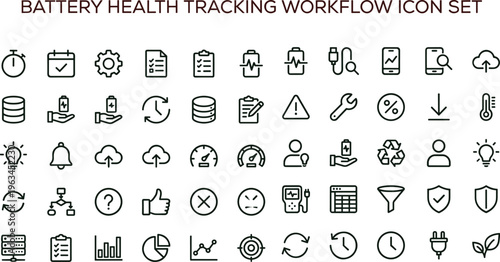 Battery health tracking workflow outline icon set with energy monitoring analytics maintenance symbols for apps dashboards interfaces presentations smart device platforms