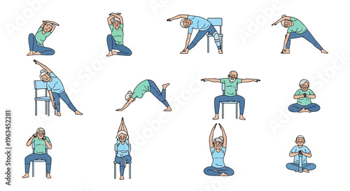 A man performs various yoga poses in a studio setting with chair.