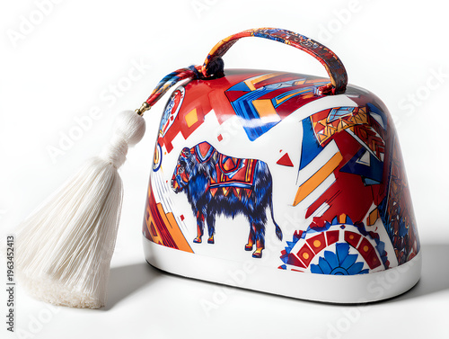 Cowbell painted in vibrant motifs, echoing soft neural pulses